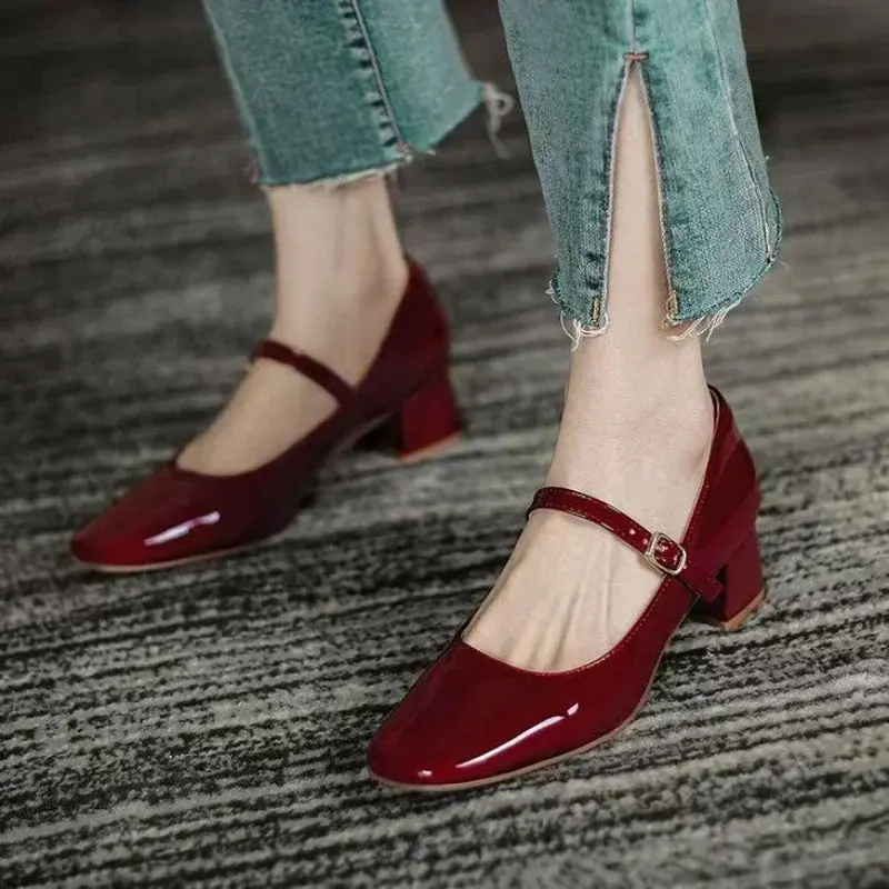 2024 Frühling neue Schuhe für Frauen Mode quadratische Zehen solide flache Mund Leder Damen High Heel Single Schuhe Zapatos de Mujer