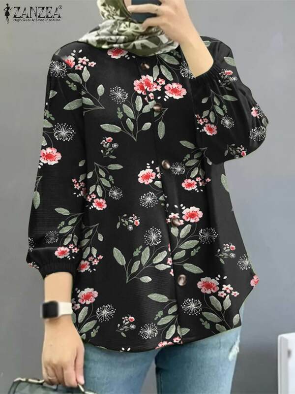 ZANZEA-Blusa de manga comprida estampada floral para mulheres, abaya, Dubai, muçulmana, tops casuais de peru, blusa islâmica feminina, outono, 2023