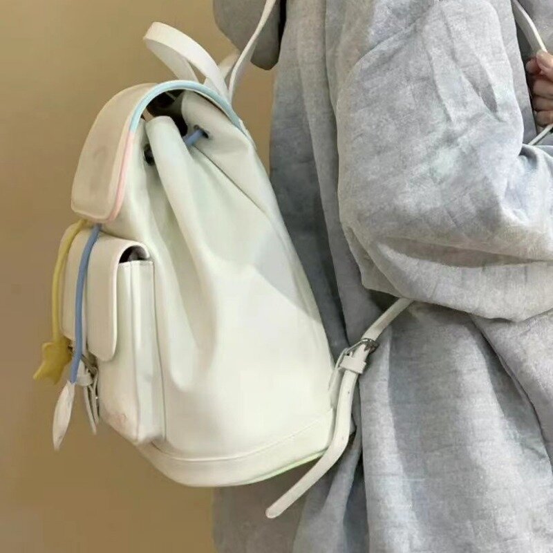 Xiuya 귀여운 배낭 가죽 흰색 작은 학생 미학적 가방, 한국 디자이너, 새로운 패션, 청소년 여성 캐주얼 백팩