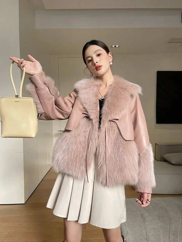 Coat Women's Solid Color Fashion Loose Long Sleeve High-End Fox Fur Stitching Sheepskin Thickened Warm down Feather Liner Winter