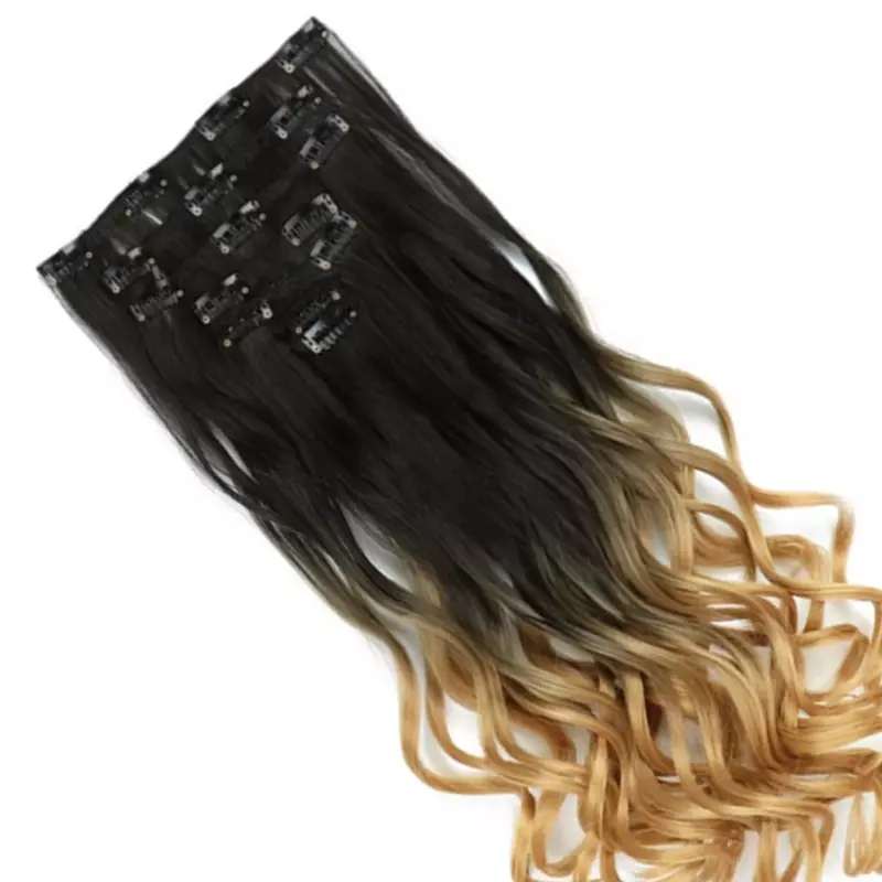 Curly Synthetic Black to Brown Clip in Hair Extensions Full Head Hair Pieces Ombre Color Natural Hair