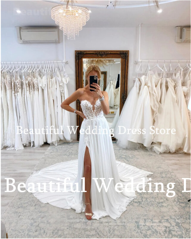 Gaun pernikahan pantai sederhana baru untuk wanita jubah 2024 seksi tanpa lengan renda applique A-Line sifon panjang menyentuh lantai