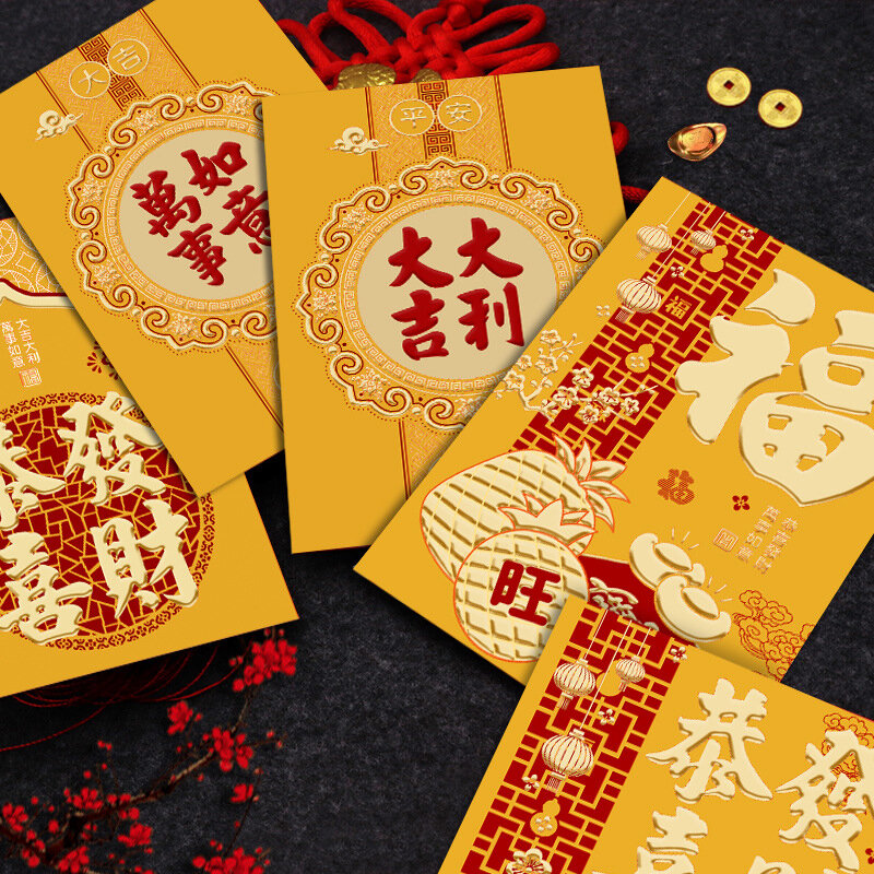 Sobre Rojo Dorado de 6 piezas, suministros de Año Nuevo, paquete de papel, bolsas de dinero, sobres de regalo, el año del dragón, bolsa de dinero de la suerte