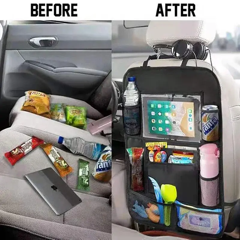 Pengatur kursi belakang mobil, dengan layar sentuh pemegang Tablet penyimpanan otomatis penutup saku kursi mobil pelindung belakang aksesoris mobil