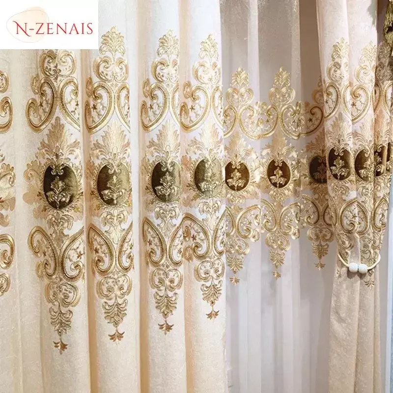 Cortinas de lujo de chenilla bordadas para sala de estar, cenefa personalizada para dormitorio, ventana y comedor, color Beige europeo, tul blanco