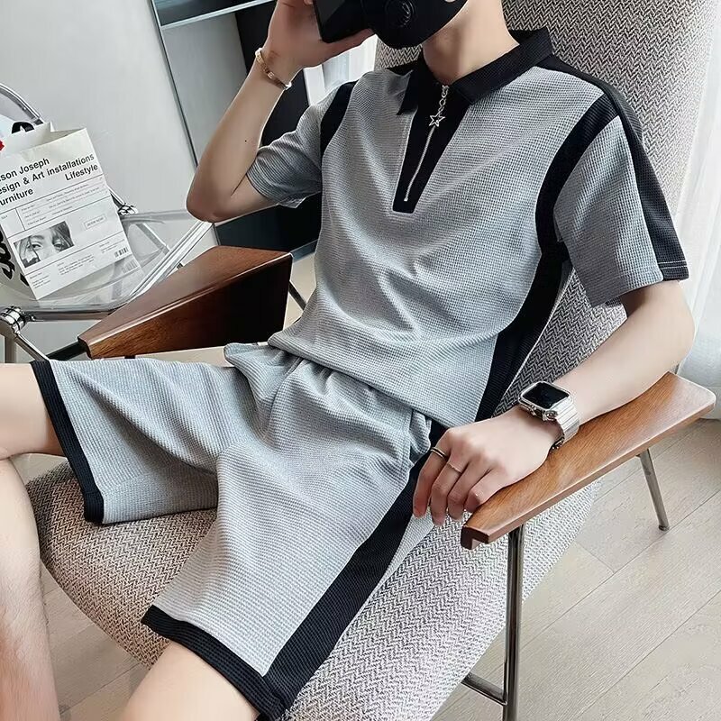 2024 Summer Walf Check Sportswear Youth Casual Running Short-sleeved T-shirt Set Joggers Street Patchwork Color Two Piece Set
