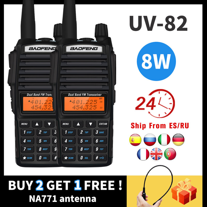 2pcs Real 8W Baofeng UV-82 Walkie Talkie 10KM uv 82 Radio bidirezionale portatile UV82 ricetrasmettitore FM Dual Band HF ad alta potenza + NA771