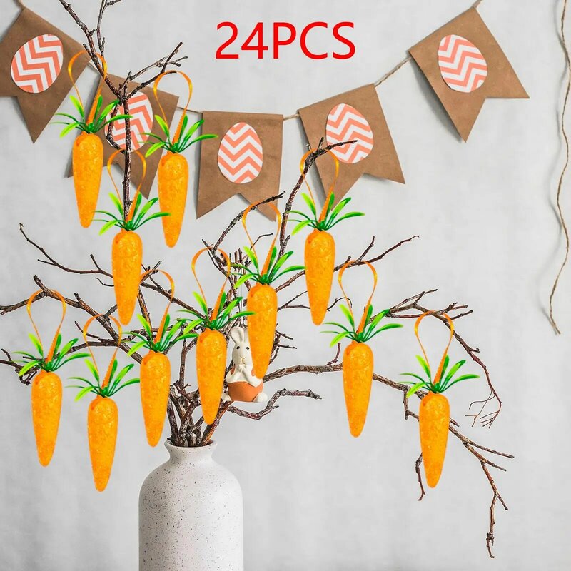 Adornos colgantes de zanahoria de Pascua, decoraciones colgantes de zanahorias para suministros de fiesta, decoración de Pascua para el hogar y la cocina, 24 unidades