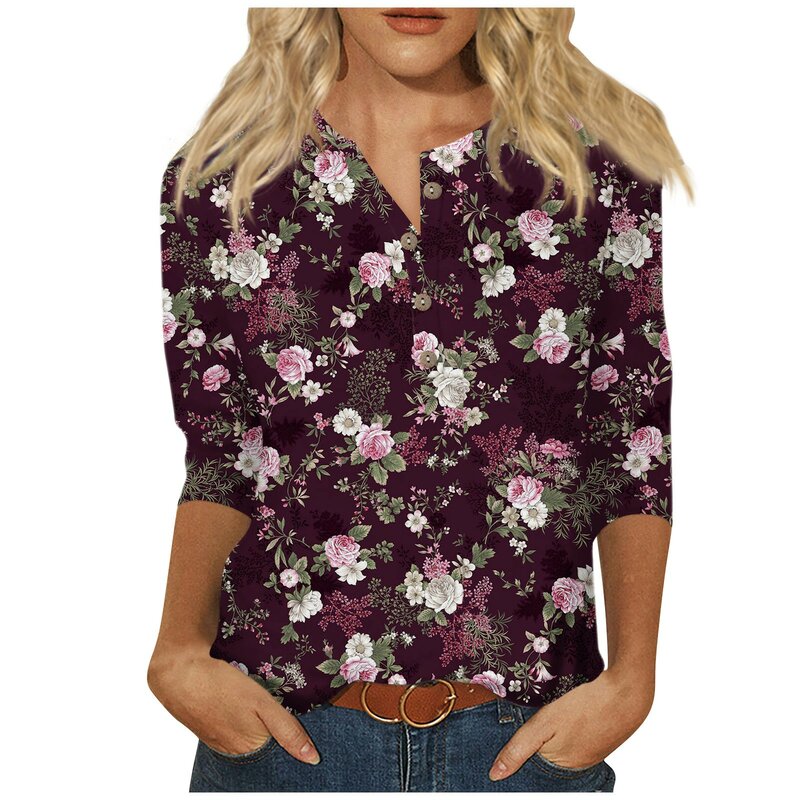 Camiseta gráfica estampada de flores feminina, camisas de manga 3/4, blusas casuais, tops básicos, pulôver, novo, 2022, fofo