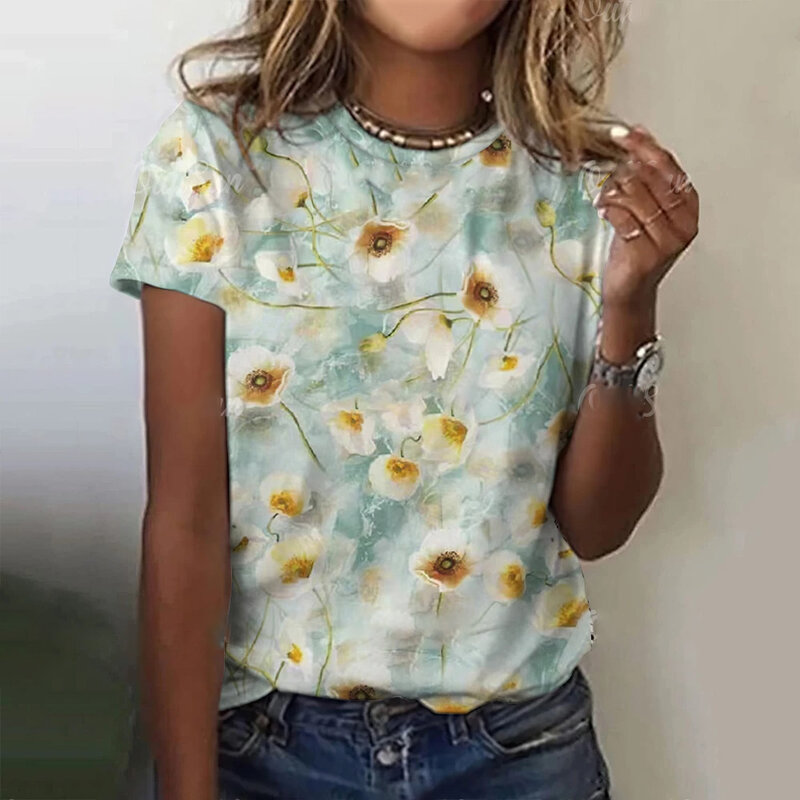 여성 라운드넥 반팔 티셔츠, 편안한 상의, 캐주얼 루즈핏 의류, 플라워 패턴, 여름 패션