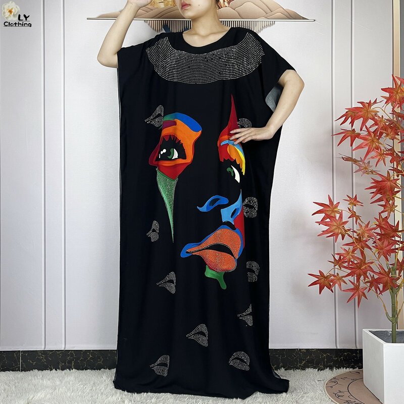 2024New Abaya Loose Short Sleeve African Dashiki Pattern Printing Soft Cotton Woman Elegant Maxi Islam Lady Dress With Big Scarf
