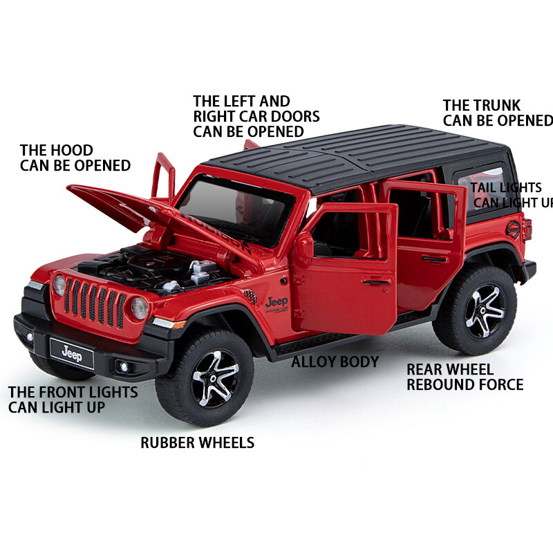 Jeeps Wrangler Rubicon modelo de coche de aleación, vehículo todoterreno de Metal fundido a presión, luz de sonido de alta simulación, regalo de élite para niños, motocicleta, 1:32