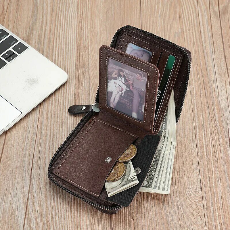 New Men Zipper Wallets Short Card Holder Male Purse Coin Pocket Photo Holder Stone Pattern Men's Wallet