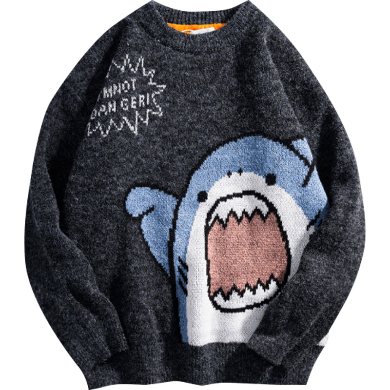 Shark Sweater Men Winter Cartoon Harajuku Korean Y2k Oversized Turtleneck Hip Hop Loose Knit Jumper Pullover High Collar Sweater