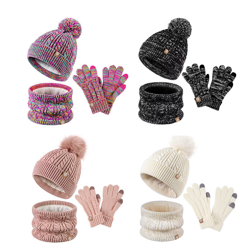 Conjunto de traje de punto cálido acolchado para niños, conjunto de 3 piezas, sombrero de bola de lana, bufanda, guantes, medio grande, Invierno