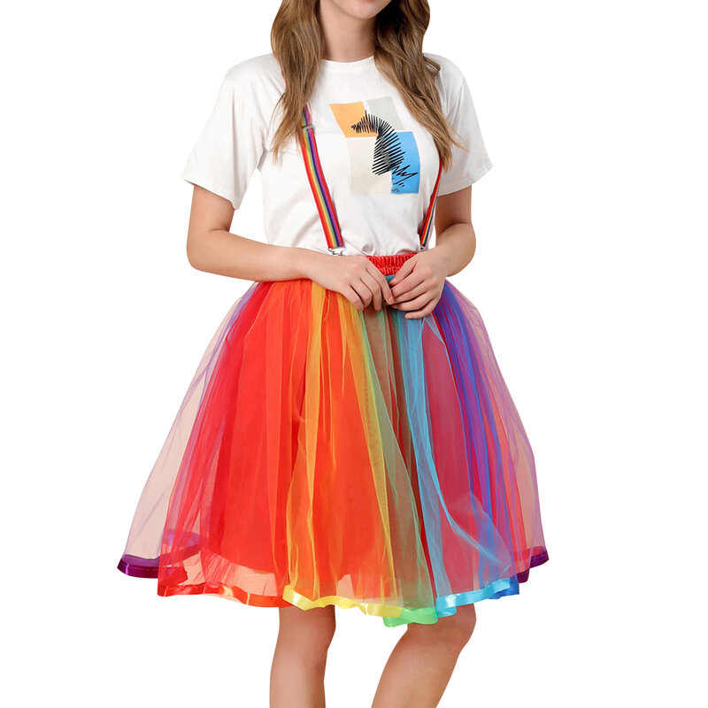 Women Rainbow Short Tutu Skirt Tulle Skirts Knee Length Long Adult Tutu Layered Christmas Halloween Cosplay Costumes Mesh Skirts