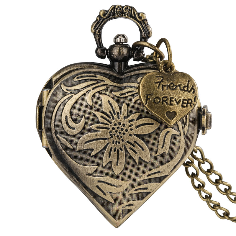 Retro Nostalgischen Bronze männer Quarz Taschenuhr Kreative Muster Herz Geformt Dünne Kette mit Pfirsich Herzen Kleine Tag Souvenir