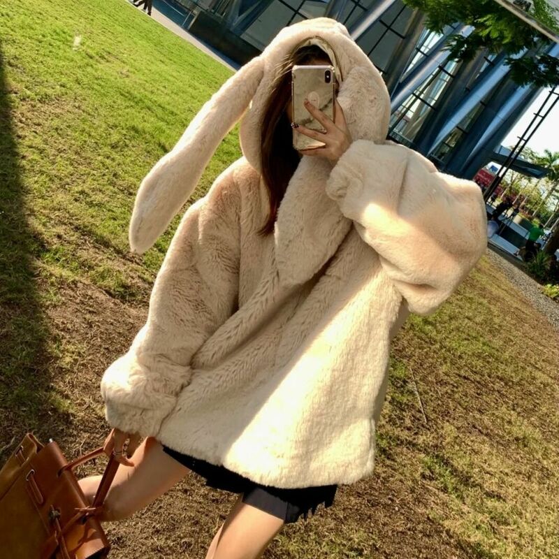 Winter Long Faux Fur Coat Women Fluffy Jacket with Rabbit Ears Raglan Sleeve Zipper Oversize Harajuku Kawaii Faux Fur Hood Coat