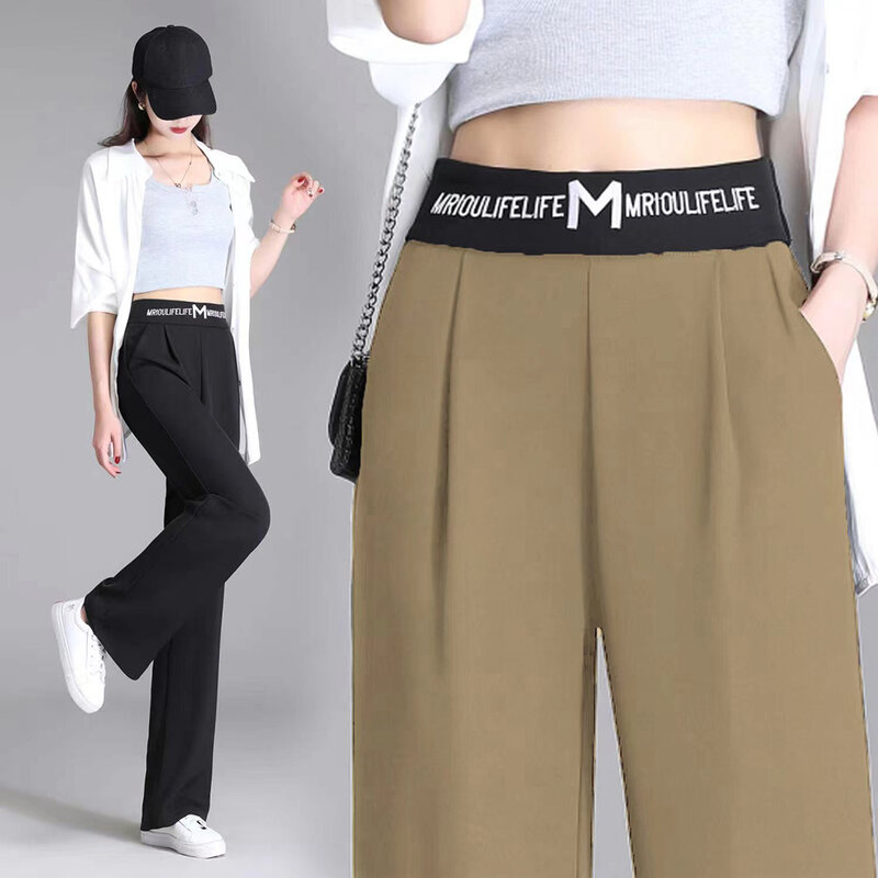 Pantalones largos informales para mujer, pantalón holgado de oficina, de cintura alta, Color liso, Color negro, gris y caqui