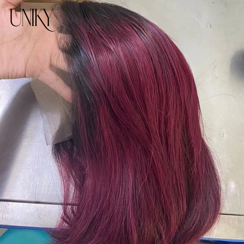 Peluca de cabello humano liso con encaje frontal para mujer, pelo Remy brasileño de color rojo borgoña, peluca Natural sin pegamento, parte en T, T1B/99j