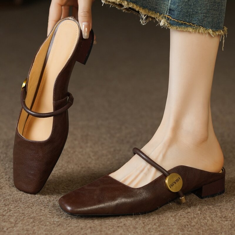 รองเท้าผู้หญิงไซส์ใหญ่พิเศษ33-41นิ้ว, รองเท้าส้นเตี้ยทรงสี่เหลี่ยมทำจากหนังวัวสวมใส่สบาย