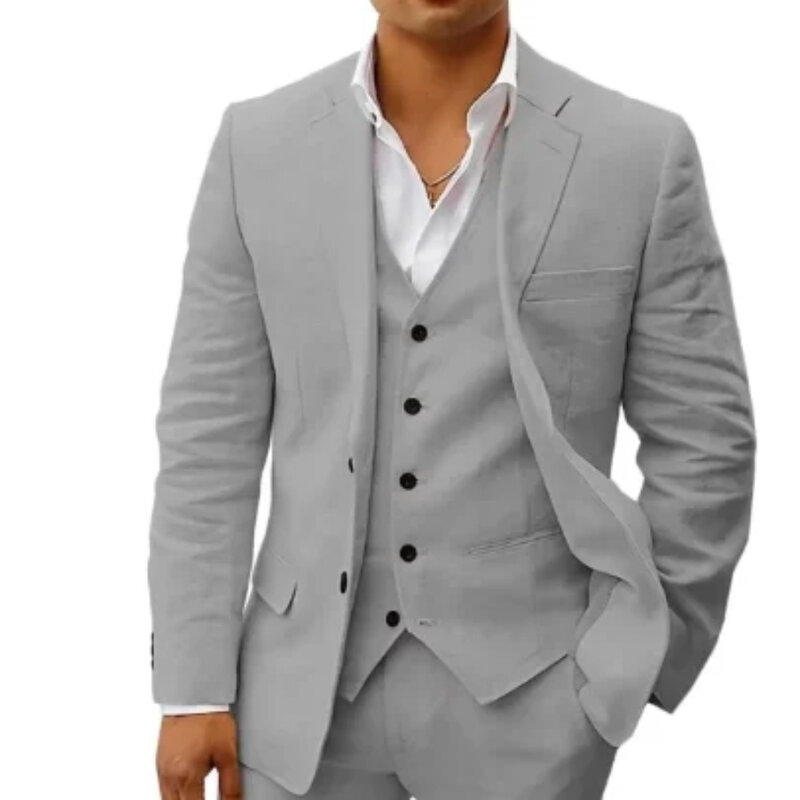 STEVDITG 3 Piece Set Linen Summer Men Suits for Wedding Groom Tuxedos 2024 Casual Beach Custom Male Jacket Vest Pants Custom