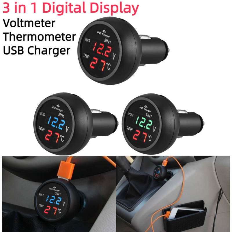 3 in 1 12/24V VOLT Meter mobil แบบดิจิทัลไฟ LED ที่จุดบุหรี่ในรถยนต์ที่จุดบุหรี่โวลต์มิเตอร์เครื่องวัดอุณหภูมิรถยนต์ที่ชาร์จ USB เครื่องตรวจจับโวลต์มิเตอร์ปัจจุบัน