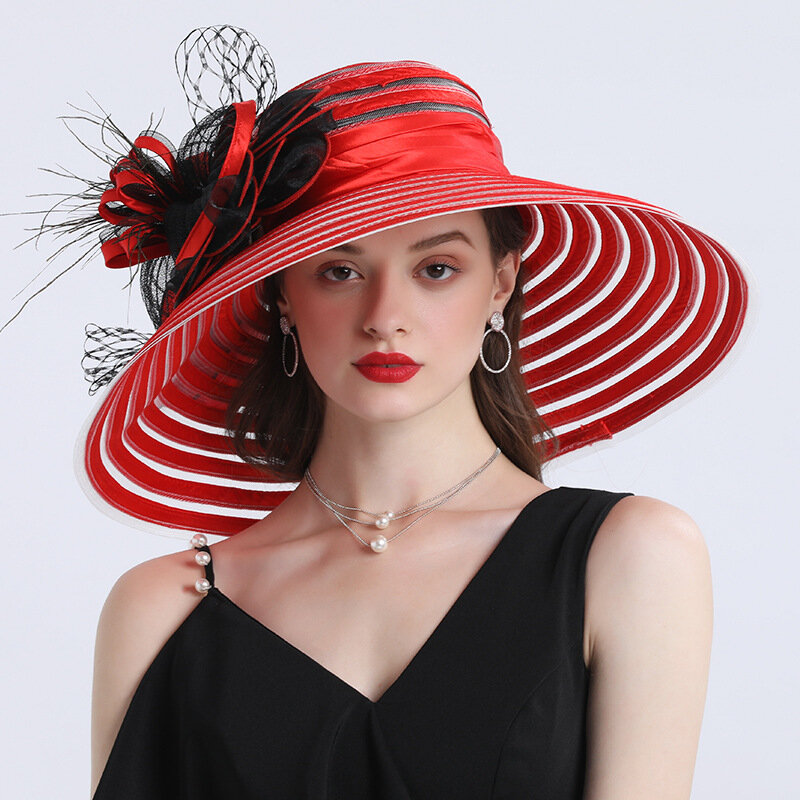 قبعة فيدورا ذات شكل زهرة كبيرة قابلة للطي للنساء ، على الطراز البريطاني الأنيق ، حافة واسعة ، كلاسيكية ، أورجانزا ، كنيسة ، عروس ، حفل زفاف