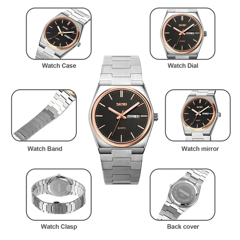 SKMEI-Montres-bracelets d'affaires étanches pour hommes, horloge à quartz décontractée pour hommes, plein acier, temps, semaine, montre de sport, 9288