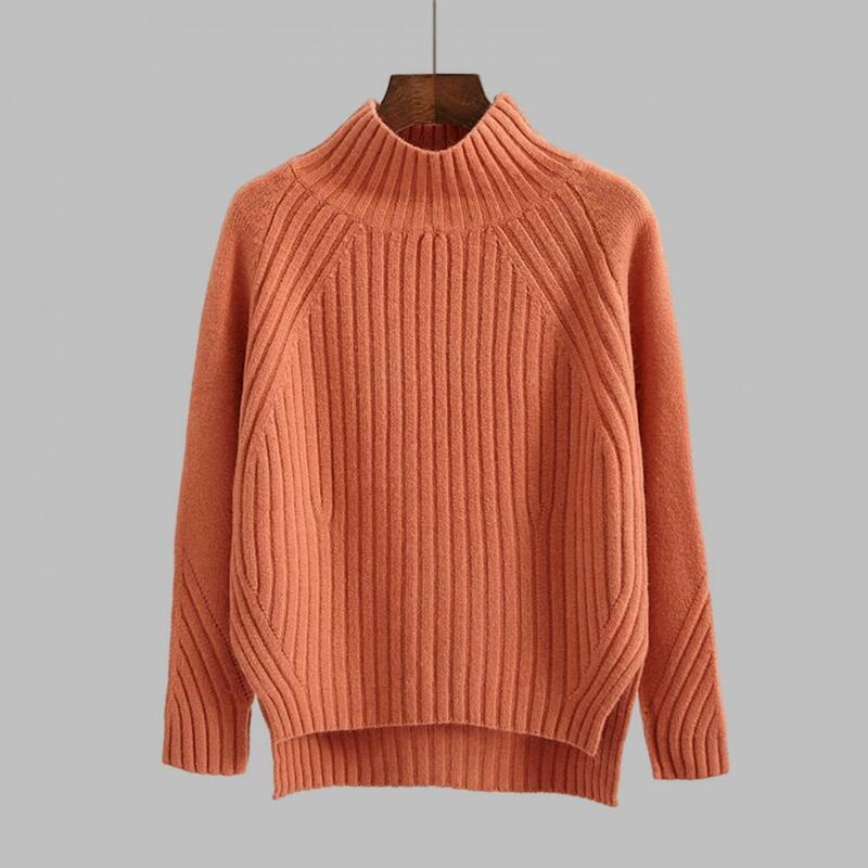 Women Sweater Cozy Knitted Women's Sweater Stylish Half-high Collar Loose Fit Irregular Split Hem for Warmth Comfort Solid Color