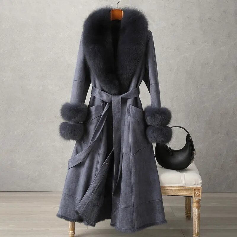ฤดูหนาว Upscale เลียนแบบกระต่าย Skin Hair One Body ผู้หญิงเสื้อเข่าเทียม Fox Fur Collar Lady Slim fit Coats