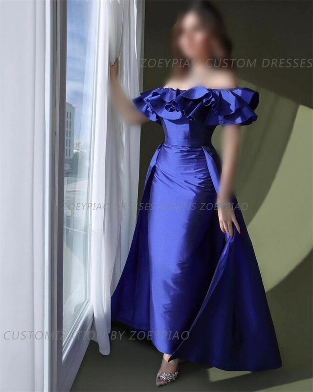 ストラップレスのサテンのイブニングドレス,裸の肩のシース,ロイヤルブルー,ショートボール,フォーマルウェア,2021