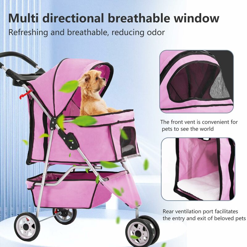 Pretty in Pink Pet Walk: Foldable Dog Stroller, 3-Wheel Cat Jogger with Storage Basket and Cup Holder