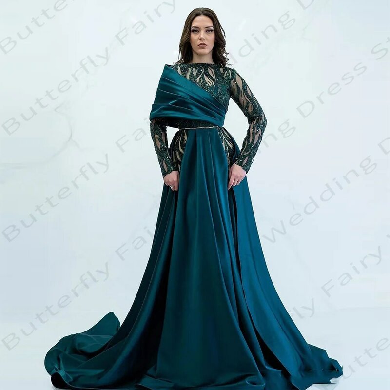 Gorgeous Satin Long Sleeve Dresses For Women Exquisite Lace Applique Fluffy Princess Style Mopping Party Evening Dresses 2023