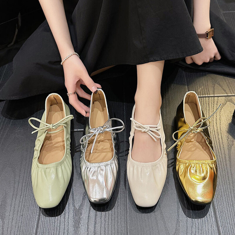 Women Ballet Flats Metallic Ruched Detail Square Toe Mary Janes Glamorous Spring Summer Elegant Flat Casual Sweet Woman Shoes