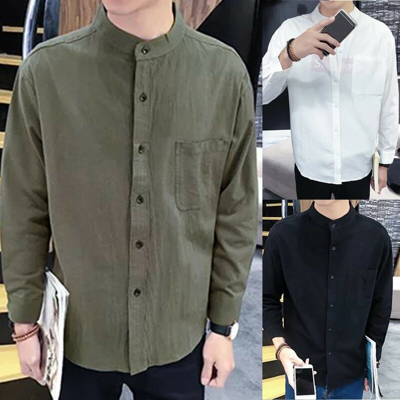 Camiseta de manga larga con botones para hombre, camisa fina de algodón y lino con cuello levantado, ropa informal de negocios