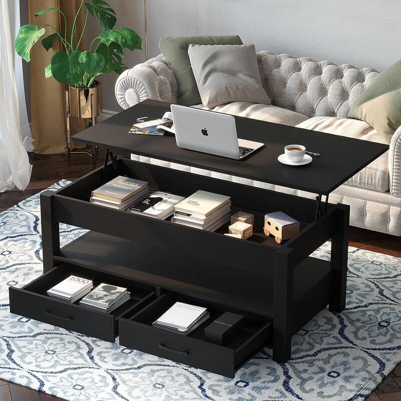 Rolanstar Coffee Table, Lift Top Coffee Table with Drawers and Hidden Compartment, Retro Central Table with Wooden Lift Tabletop