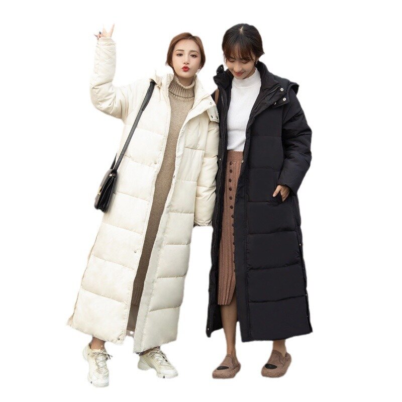 Sobretudos casuais femininos com capuz, parkas para neve, casaco longo grosso quente, top acolchoado de algodão, estilo coreano, inverno