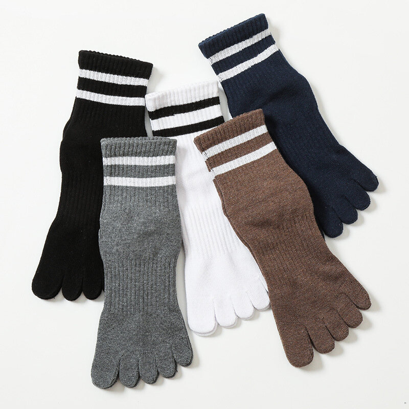 5 Pairs Striped Toe Sport Socks Man Compression Thick Pure Cotton Simple Solid Soft Elastic 5 Finger Short Socks Four Seasons