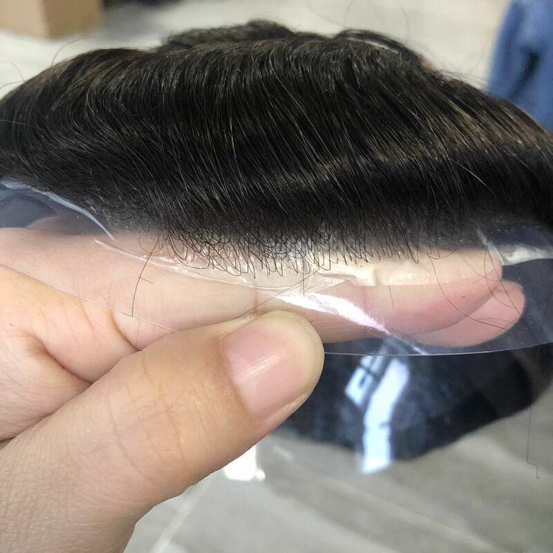 Rambut palsu alami tidak terdeteksi dengan kepadatan 90 0.02mm dasar kulit pria rambut palsu 100% Remy wig pria Sistem prostesis