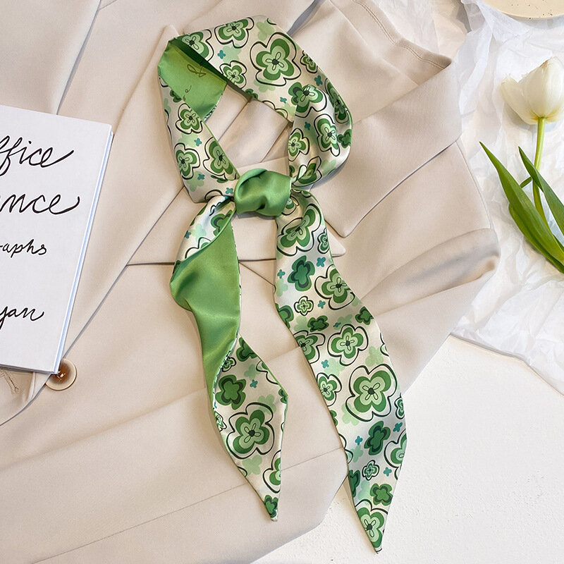2023 novo verde floral impressão magro lenço de seda saco fita feminina moda foulard neckerchief feminino hairband cetim macio senhora presente