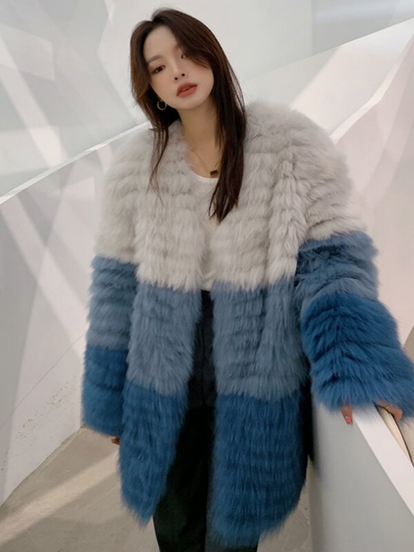 New Winter Jacket Real Fox Fur Coat High Quality Loose Spliced Color Warm Fashion Youthful Long Cardigan Streetwear