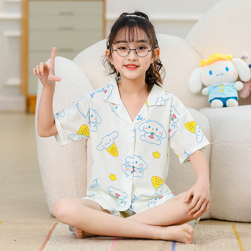 Piżama dziecięca dziewczęca nowa klapa z krótkim rękawem letnia studentka kreskówka uroczy sweter, zestaw odzieży domowej można nosić na zewnątrz
