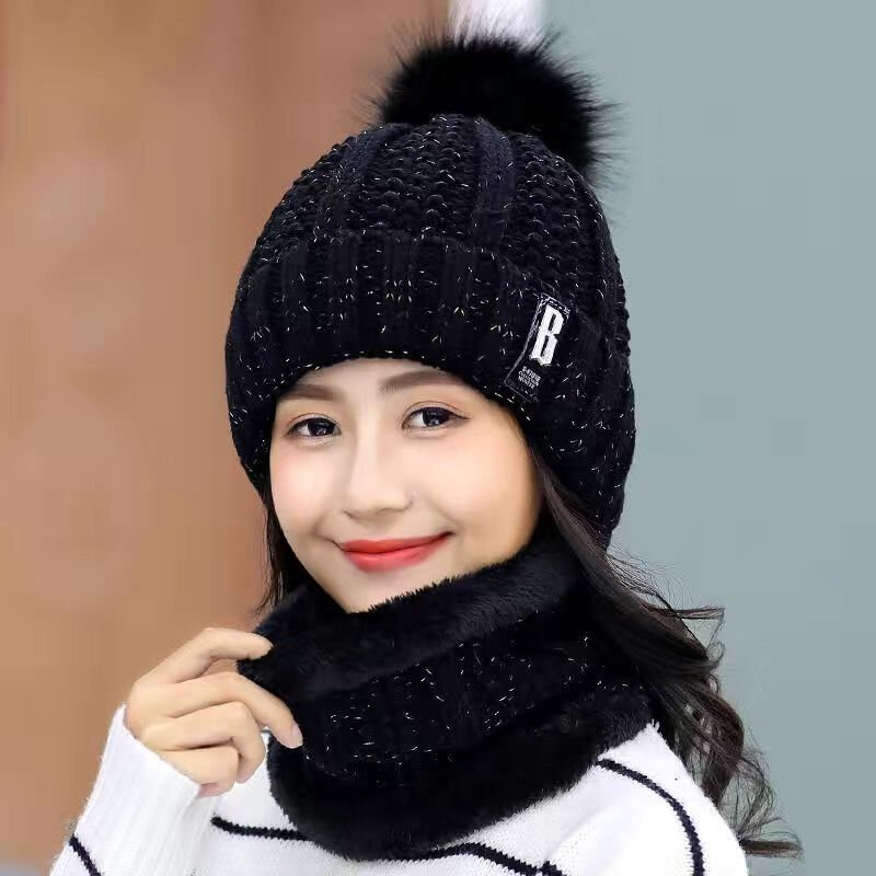 Set topi syal rajut wanita, topi beanie tengkorak tebal hangat untuk bersepeda luar ruangan berkendara Ski musim dingin