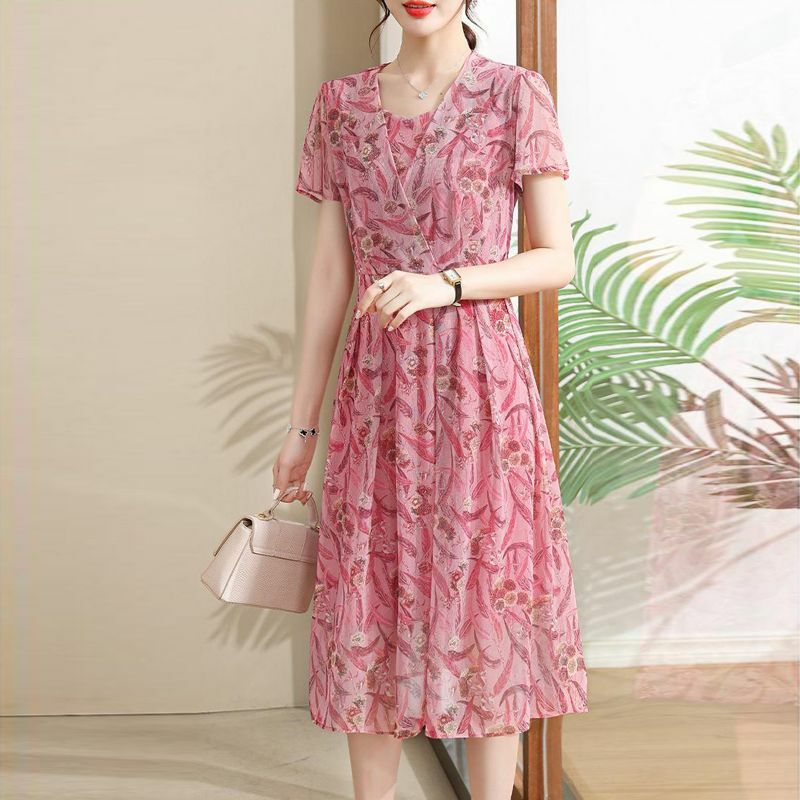 우아한 v 넥 인쇄 스플 라이스 폴드 꽃 드레스 여성 의류 2024 여름 새로운 느슨한 사무실 레이디 짧은 소매 드레스