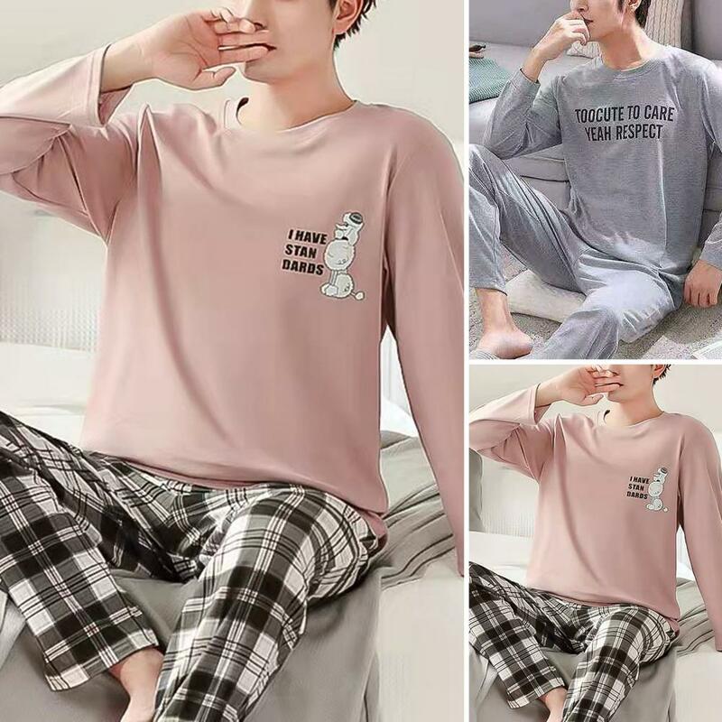 1 Set Men Pullover Pants Plaid Crew Neck Long Sleeve Home Wear Spring Autumn Loose Letter Pajamas Leisure Loungewear For Home