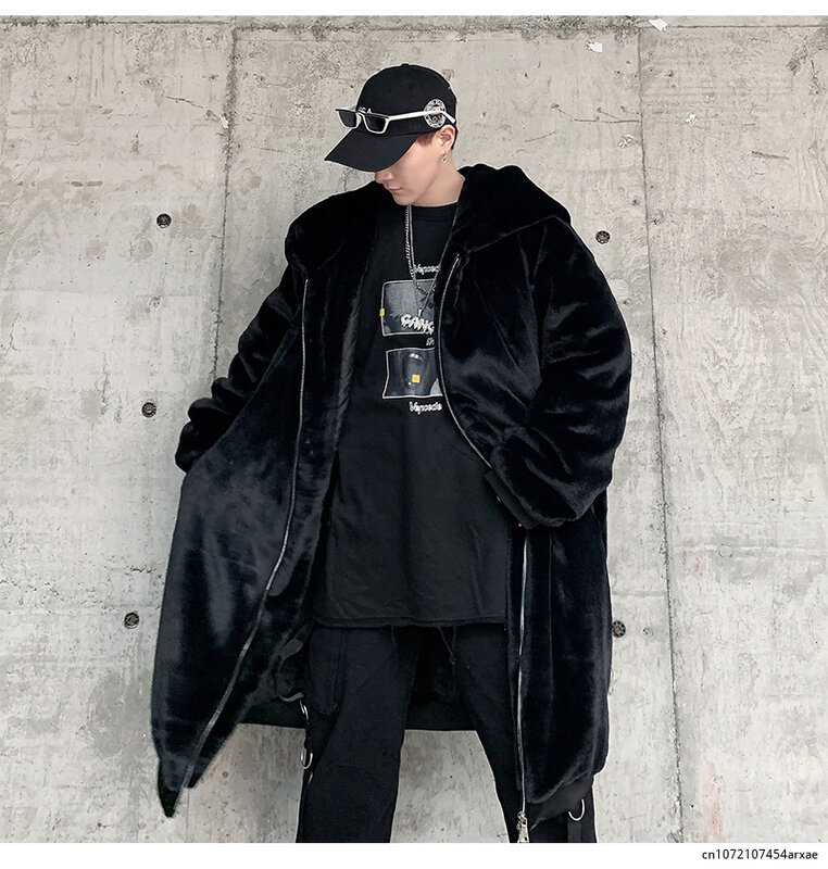 Winter Long Oversized Black Warm Thick Soft Fluffy Faux Fur Coat Men with Hood Zipper Casual Loose Korean Fashion 2023