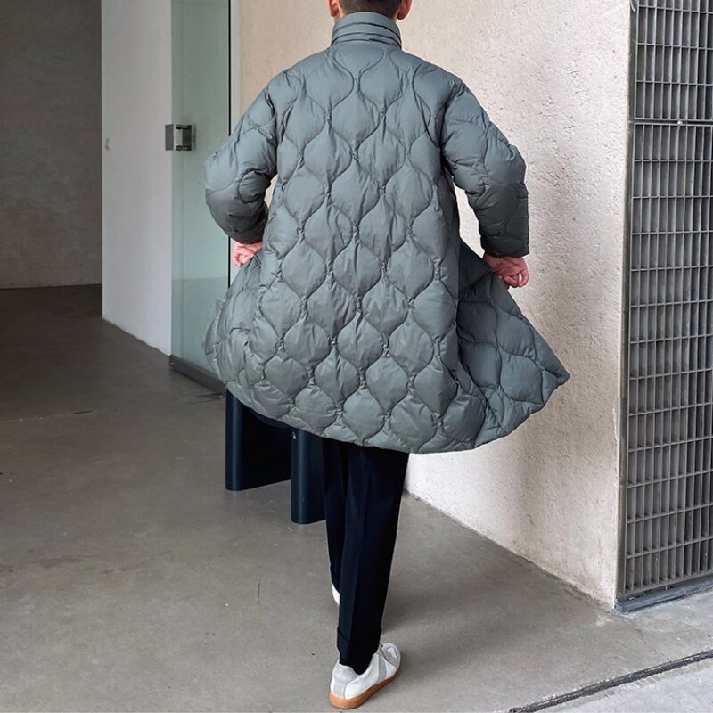 Parka larga de plumón para hombre, chaqueta cálida de invierno con cuello levantado, patrón de diamantes, estilo coreano, elegante