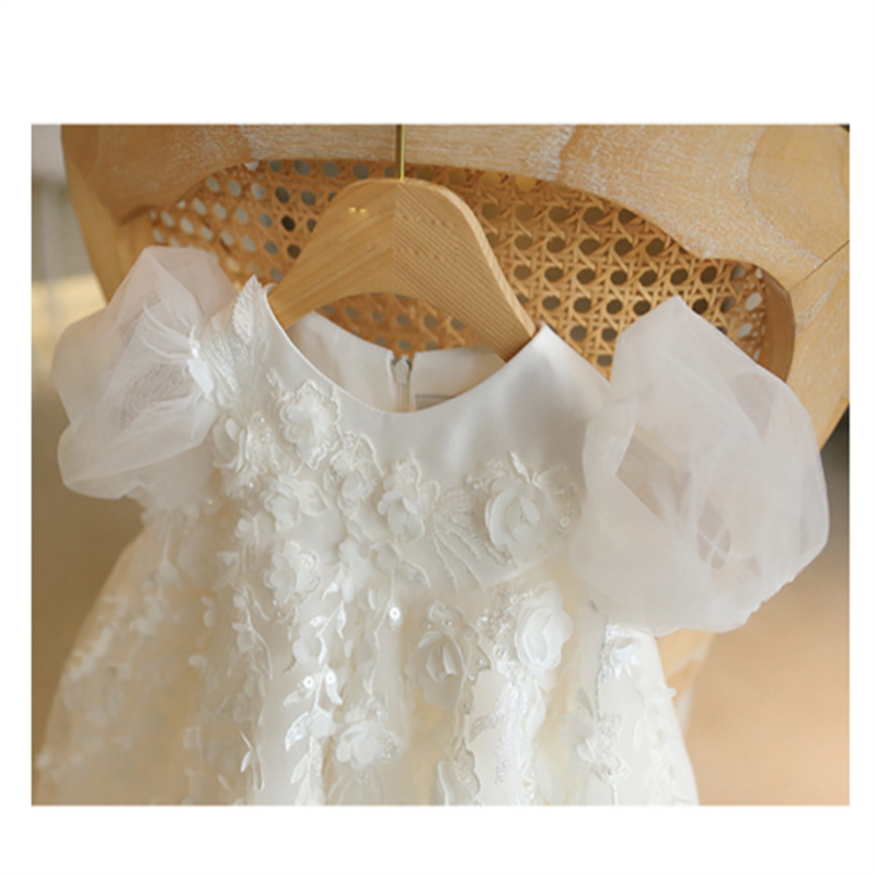 Baptism High Waisted Princess Dress White Baby Birthday Wedding Dress Flower Girl Dress Fluffy Customized Communion Gown