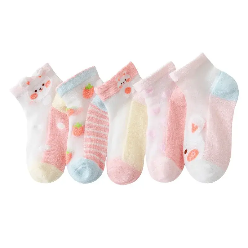 Летние мягкие хлопковые носки для девочек 5 пар/партия, дышащие детские короткие носки до щиколотки, детские кружевные сетчатые носки принцессы с мультяшным рисунком